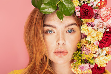 Spring lady with beautiful flowers.