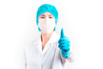 young female laboratory doctor. Everything is ok message. White background