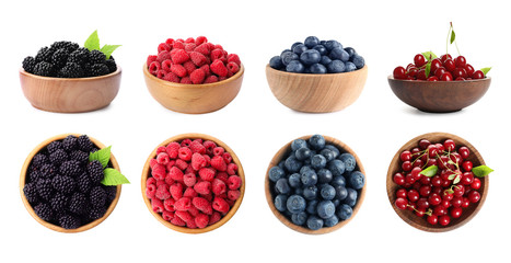 Set of bowls with different fresh berries on white background. Banner design