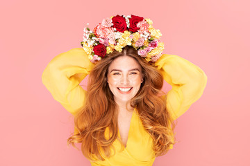 Spring lady with beautiful flowers.