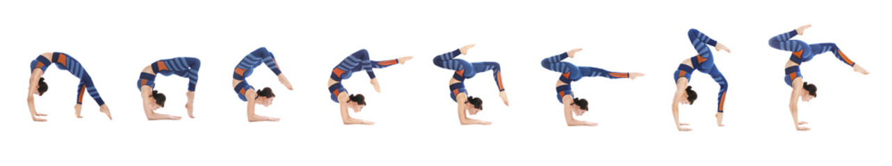 Collage of woman practicing yoga on white background. Banner design