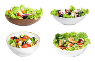 Set with different salads on white background