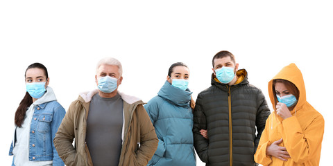 Collage of people wearing medical face masks on white background. Virus protection