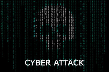Skull on digital binary code background. Cyber attack prevention concept
