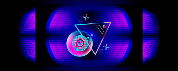 Dark retro futuristic art neon abstraction background cosmos new art 3d starry sky glowing galaxy and planets blue circles