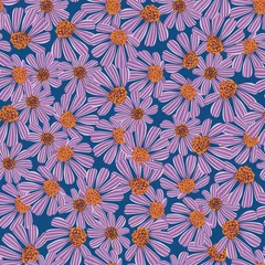 Foto auf Acrylglas Echinacea flowers seamless vector pattern in purple pink orange and blue. Decorative surface print design. Plants used in folk medicine. For fabrics, wrapping paper, cards, scrapbooking and packaging. © rysunki.malunki