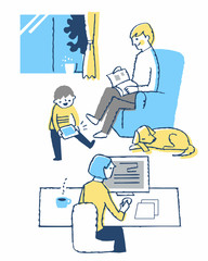 リビングでくつろぐ３人家族