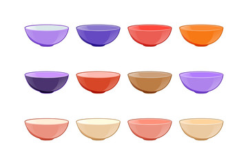 Empty bowls of different colors isolated on white background. Set of vector icons in bright cartoon style.