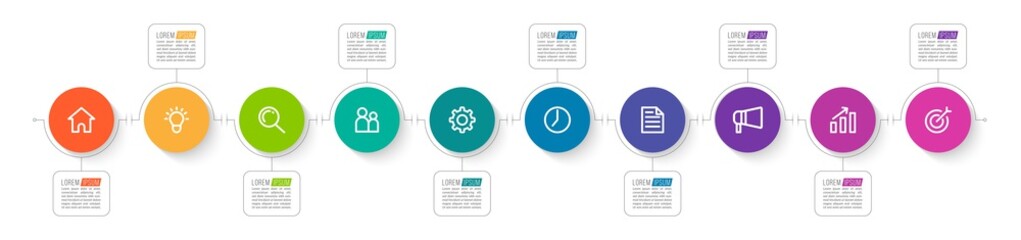 Minimal Business Infographics template. Timeline with 10 steps, options and marketing icons .Vector linear infographic with ten conected elements. Can be use for presentation.