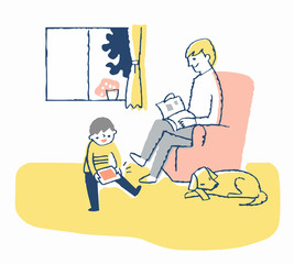 リビングでくつろぐ男性と男の子