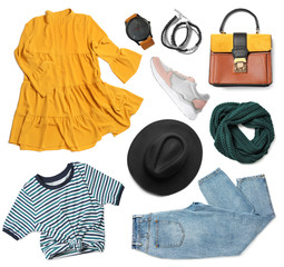 Set of stylish female clothes and accessories on white background
