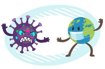Cartoon Coronavirus Character versus Planet Earth Character. The Planet Earth is fighting against the coronavirus.