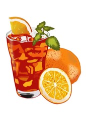 Illustration of glass of iced tea with orange and mint beside