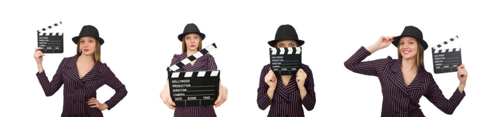 Woman with movie clapboard isolated on white