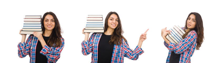 Young student with textbooks isolated on white