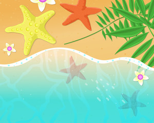 Tropical Beach Background with Starfish, Palm Leaves, and Flowers - 335428607