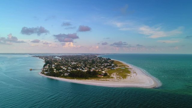 Drone shot of Anna Maria Island on Florida's Gulf Coast at Sunset