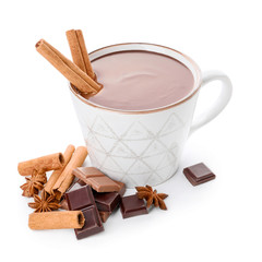 Cup of hot chocolate on white background