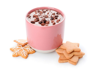 Cup of hot chocolate and cookies on white background