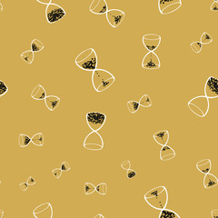 Hourglasses on a mustard yellow background seamless vector pattern. Time flow themed surface print design.