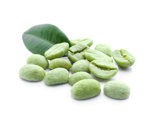 Green coffee beans on white background