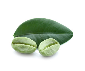 Green coffee beans on white background