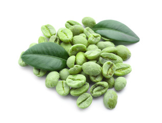 Green coffee beans on white background
