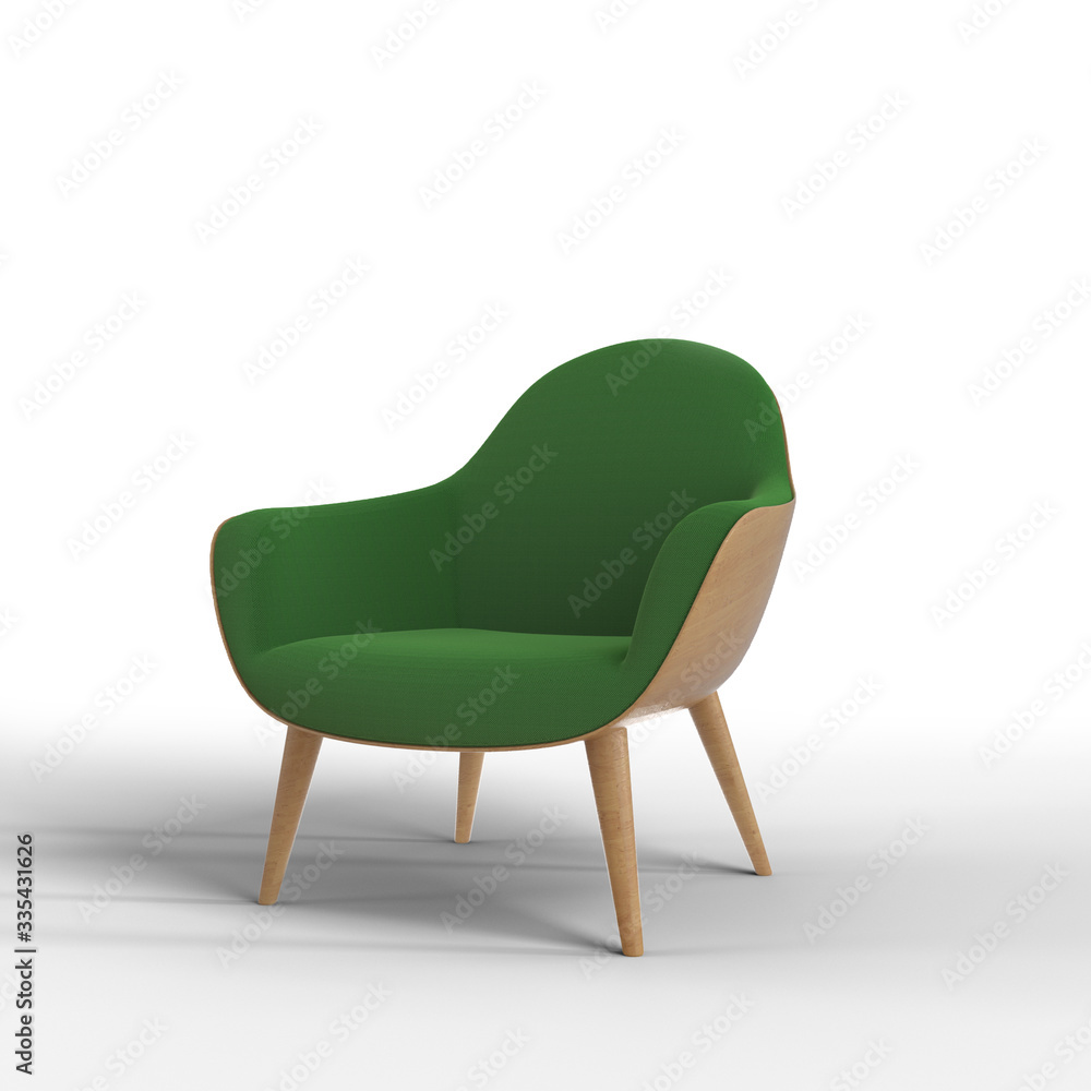 Fototapete 3d rendering of an isolated green modern chair with shadow on light white background. 3d rendering. 