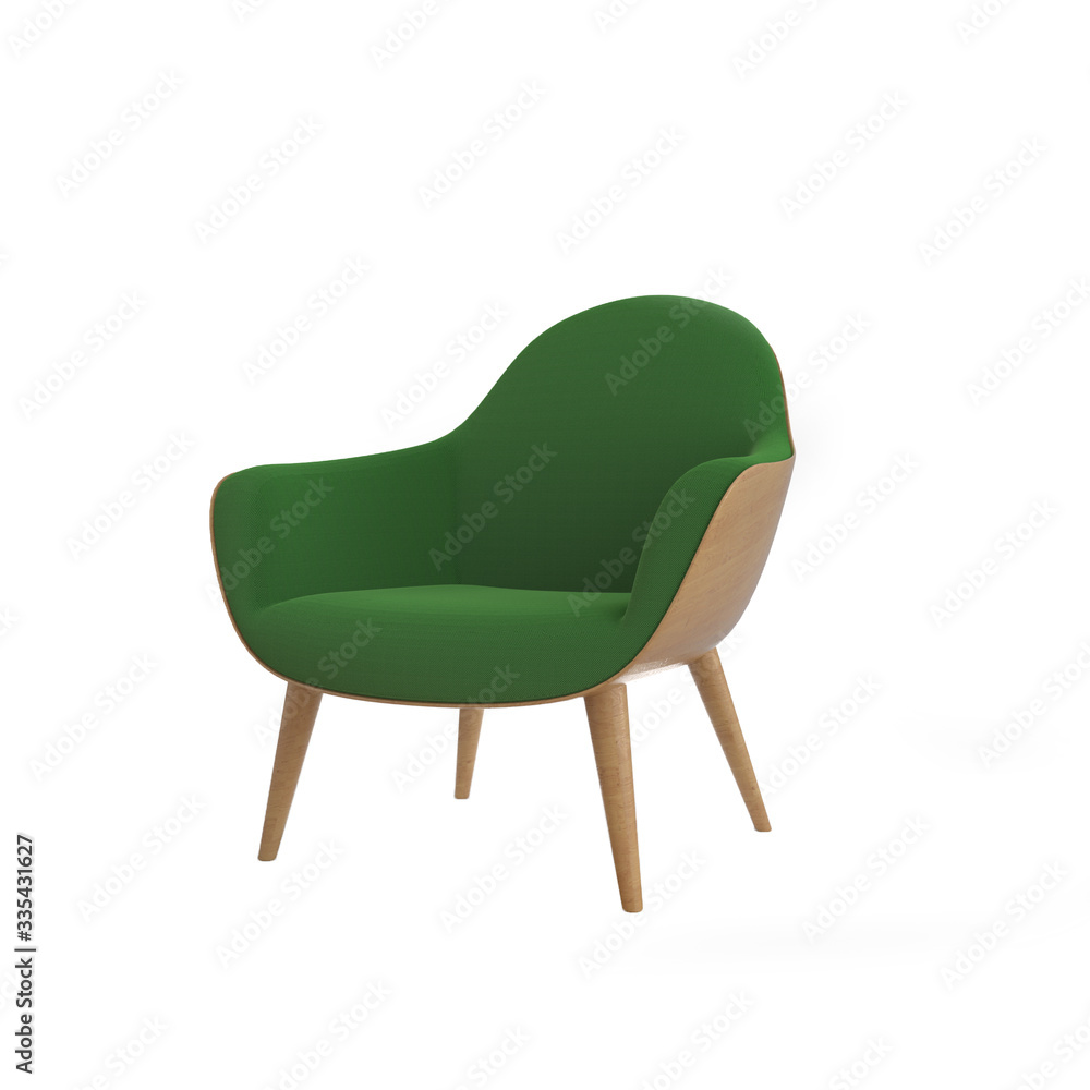 Fototapete 3d rendering of an isolated green modern chair with shadow on light white background. 3d rendering. 