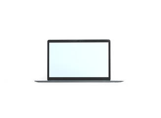 3D realistic laptop mockup.Laptop with blank white display, device screen frame and grey laptop on the light white background. Front view.  Empty space for text, art. 3D Mock up for your design.