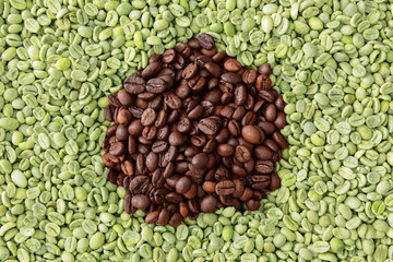 Green and roasted coffee beans as background