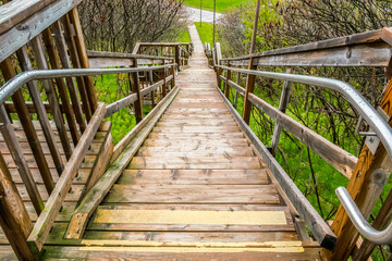 Obraz premium Looking down a long wooden staircase headed down hill to a park