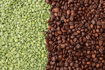 Green and roasted coffee beans as background