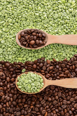 Spoons with roasted and green coffee beans