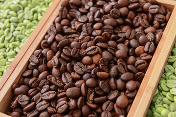 Trays with green and roasted coffee beans, closeup