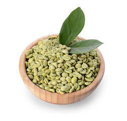 Bowl with green coffee beans on white background