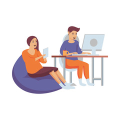 couple using computer and tablet work at home