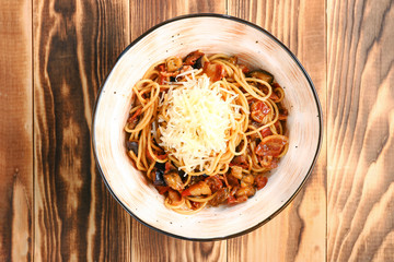 pasta with beer sauce and parmesan top view