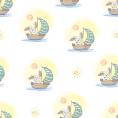 Kids baby pattern of a rabbit fishing on a wooden boat