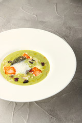 healthy salmon soup. Finnish Fish Soup with Salmon. on cement tabel