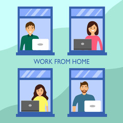 Employees are working from home with laptop to avoid spreading Covid19 concept vector illustration. Home office during Coronavirus outbreak. Stay at home. Self isolation.