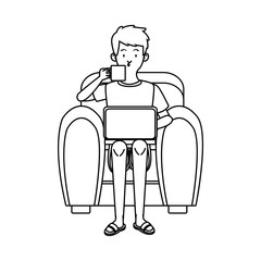 man using laptop and drinking coffee seated in sofa