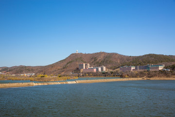 Winter outdoor dam and city of Xishan Lake in Dalian, China