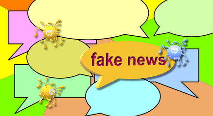 Simulated drawing of the COVID-19 virus. Fake news in dialog balloons. 3d illustration. Danger. Falsehood, fib, lies, something untrue or incorrect. Set of speech bubbles with color.
