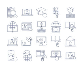 set of icons online education, education technology, line style icon
