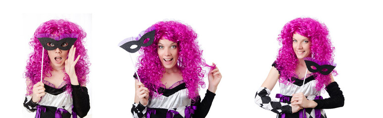 Pretty girl in jester costume isolated on white