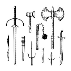 Vector set of ink medieval weapons isolated on white, including knives, a sword, a club, a hammer, a flail, a dagger, a scimitar, and a double-edged axe. Can represent the Middle Ages, warfare, advent