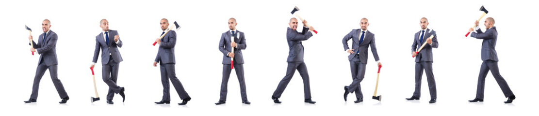 Funny businessman with axe on white