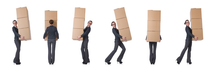 Woman businesswoman with boxes on white