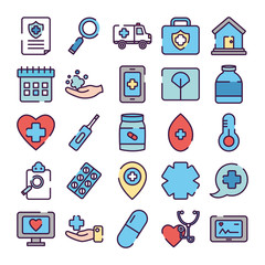 medical elements and healthcare icon set, line color style